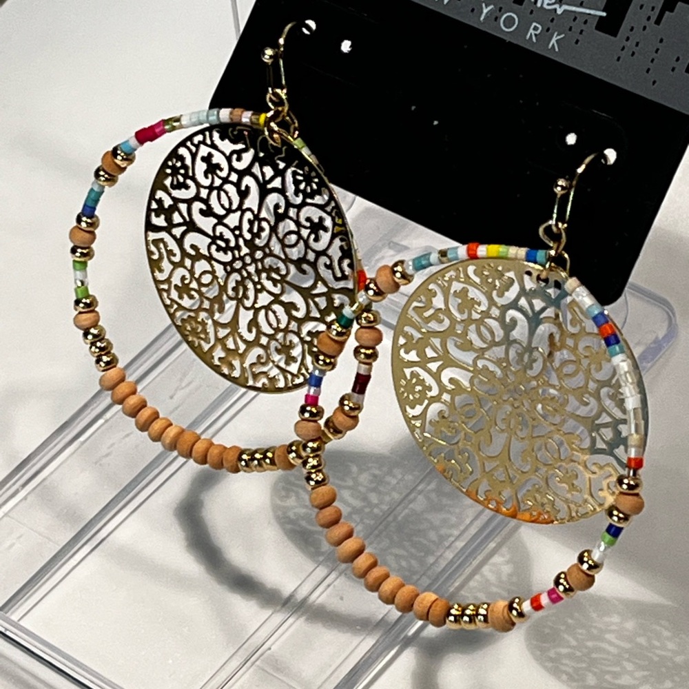 Designer Gold with Multicolor Beaded Hoop Earrings - Picture 3 of 14